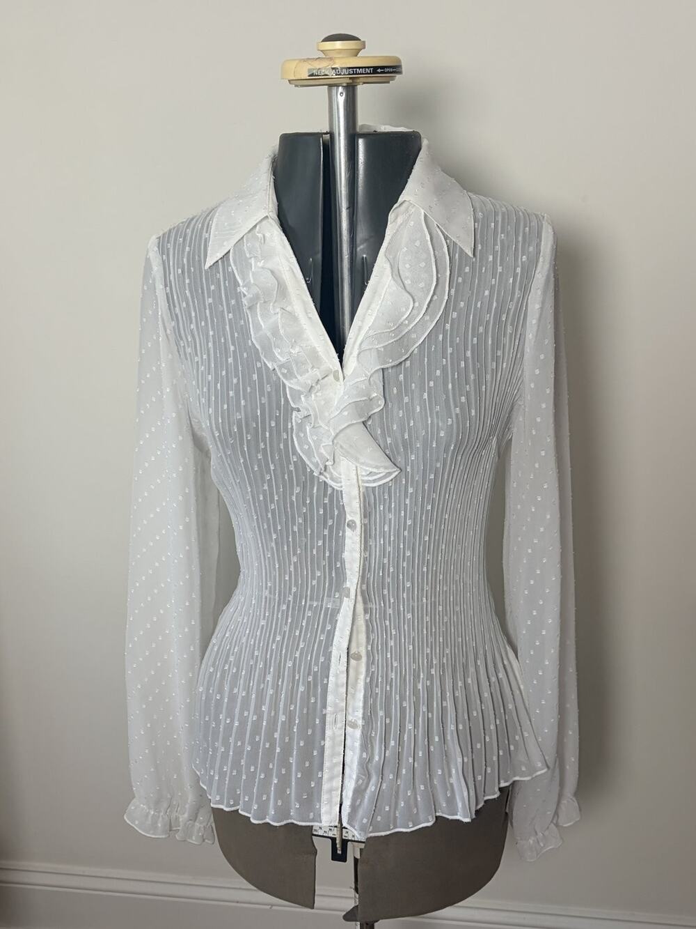 Luxe by NW Design Co White Sheer Swiss Dot Ruffled Long Sleeve Top Blouse - Picture 1 of 7